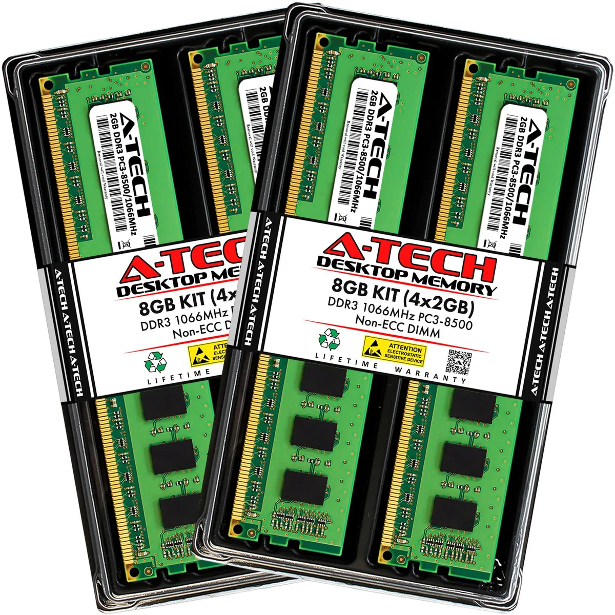 Four green DDR3 DIMM sticks with black chips, no heat spreaders, 240 pins each