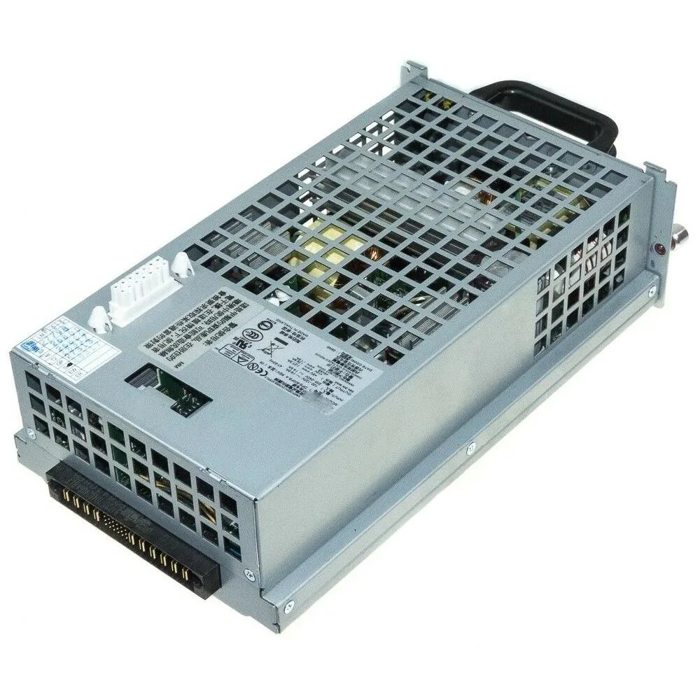 Rectangular ATX power supply unit in metal casing with fan grille and connector sockets