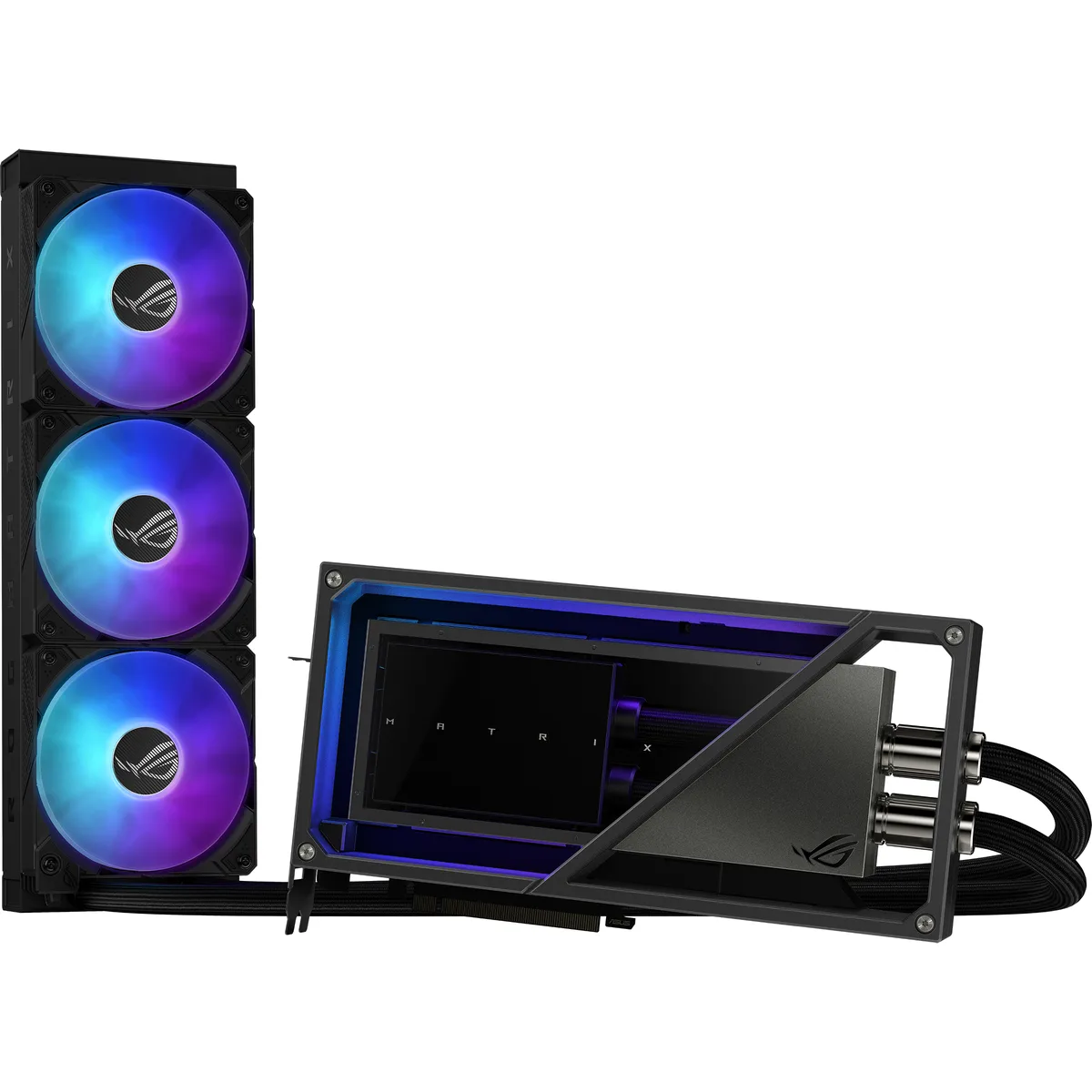 ASUS ROG Matrix RTX 4090 graphics card with integrated 360 mm liquid cooling radiator and triple fans, metallic silver finish