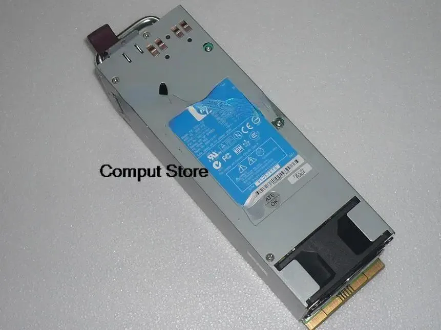Rectangular silver ATX server power supply unit with label showing model numbers