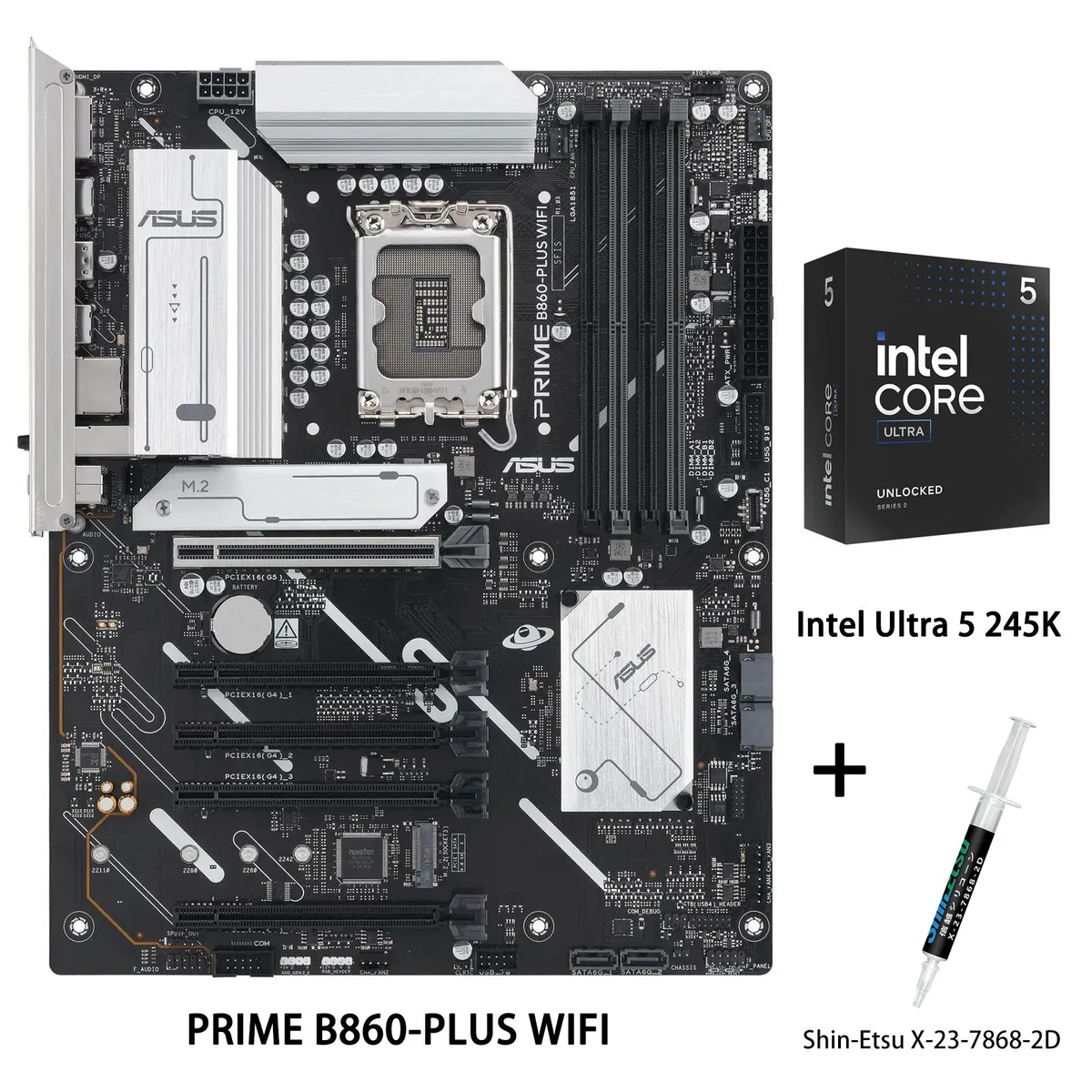 ASUS PRIME B860-PLUS WIFI ATX motherboard with Intel Ultra 5 245K CPU and thermal grease tube
