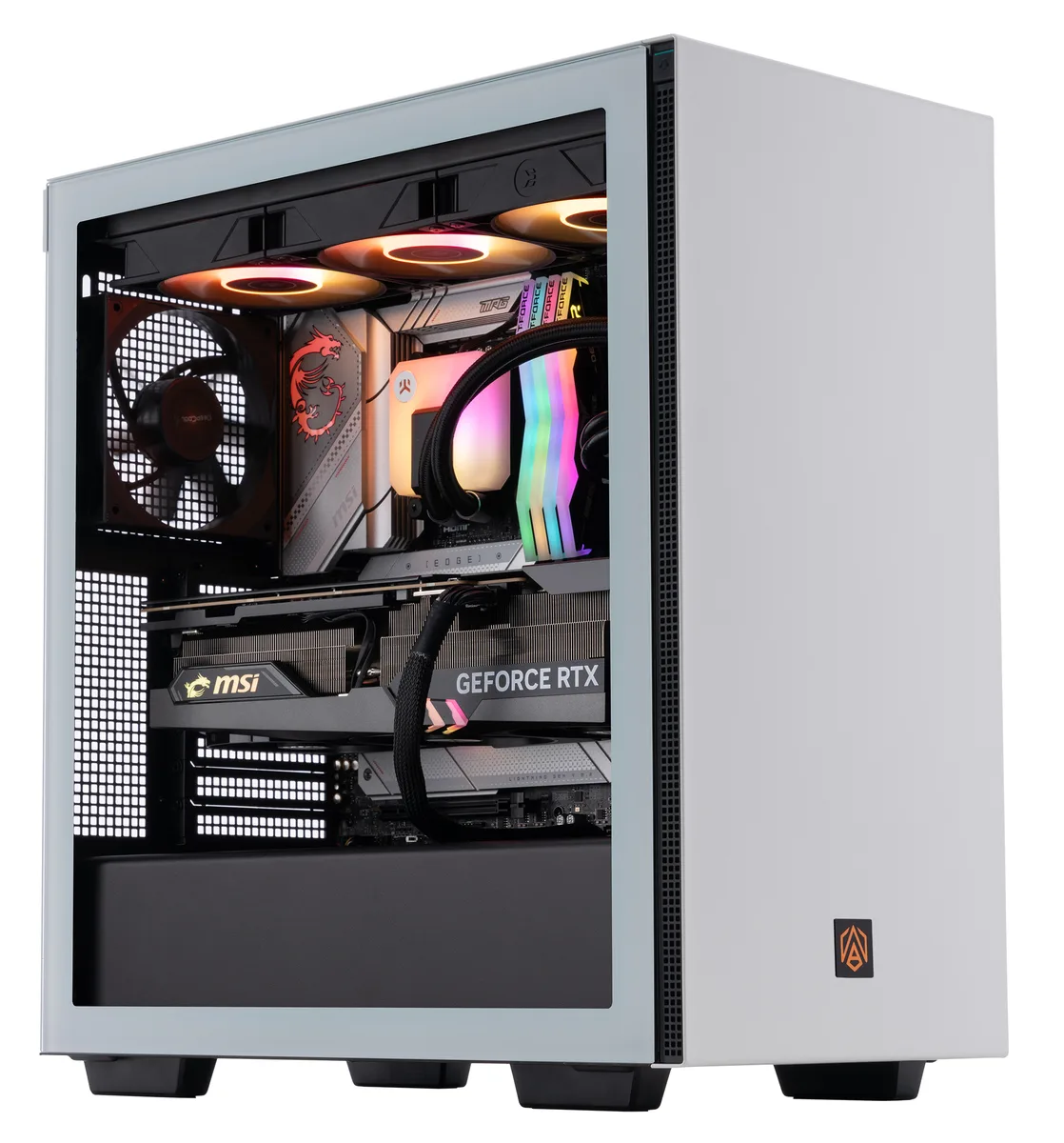 White mid-tower gaming desktop with RGB liquid cooling and tempered glass side panel