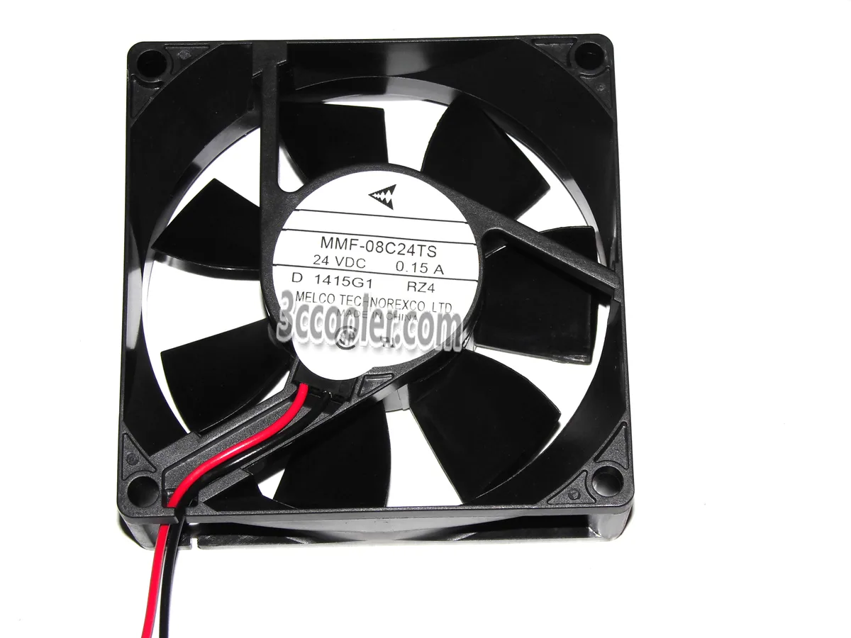 Black 80mm square cooling fan, 25mm thick, two-wire 24V connector