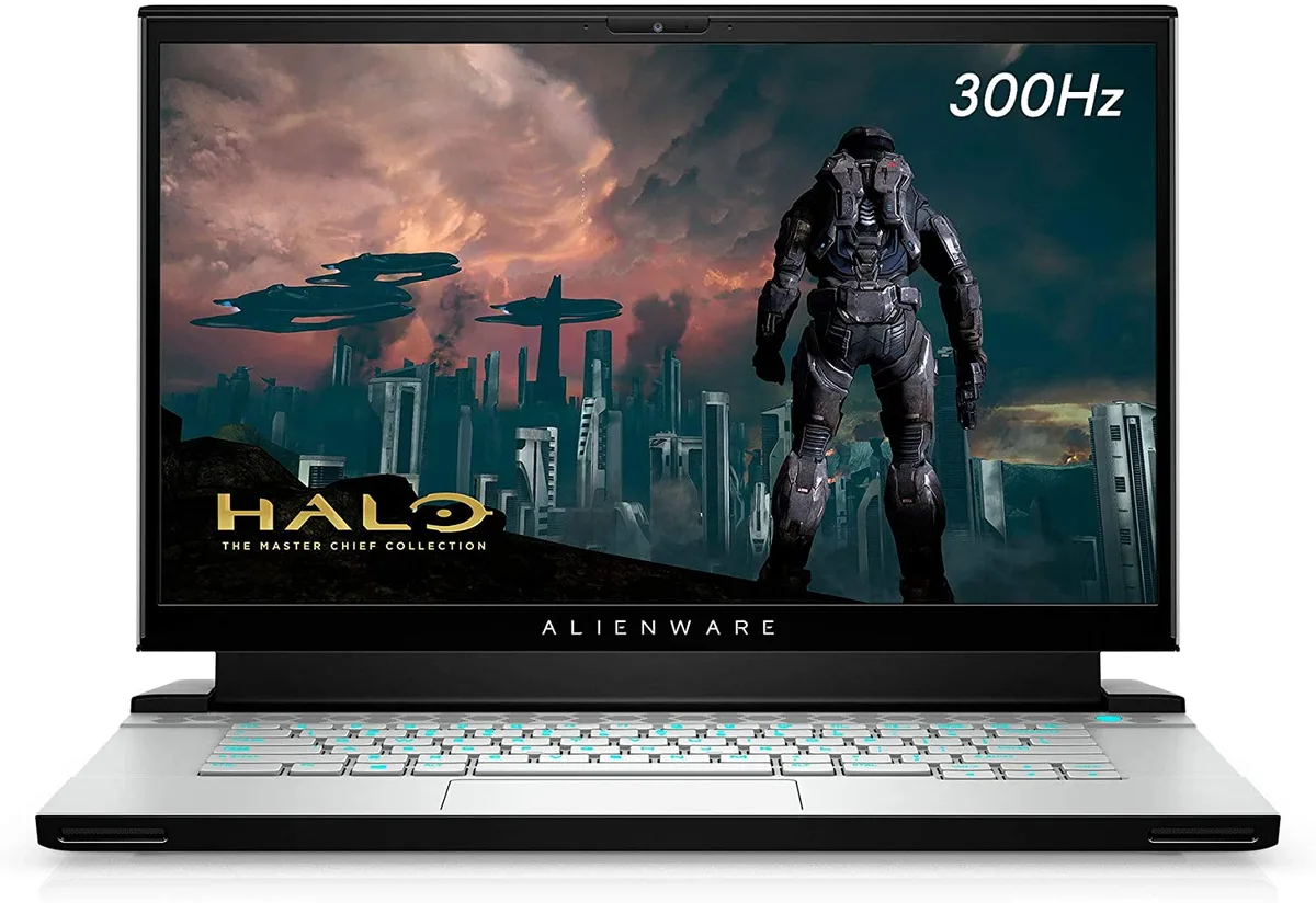 Slim white laptop closed showing Alienware logo on lid