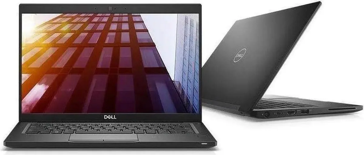 Silver Dell Latitude 7390 ultrabook open showing 13.3 inch touchscreen and keyboard with minor scratches on lid