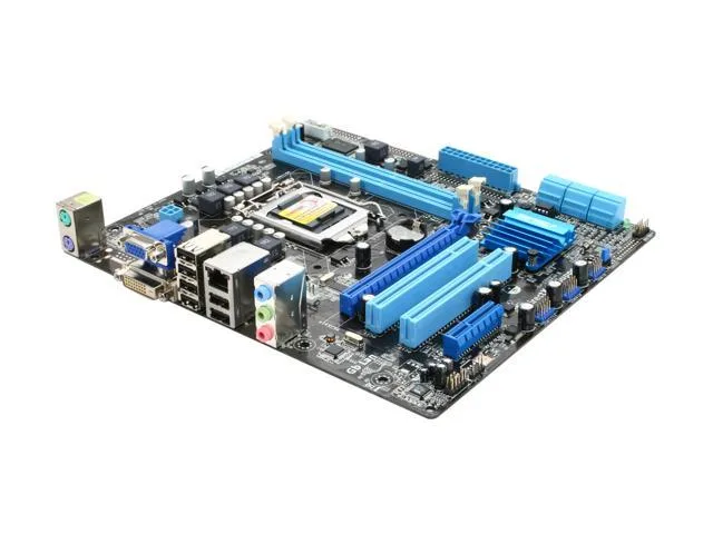 Green rectangular micro-ATX motherboard with silver CPU socket, two black DIMM slots, blue PCIe x16 and white PCI slots