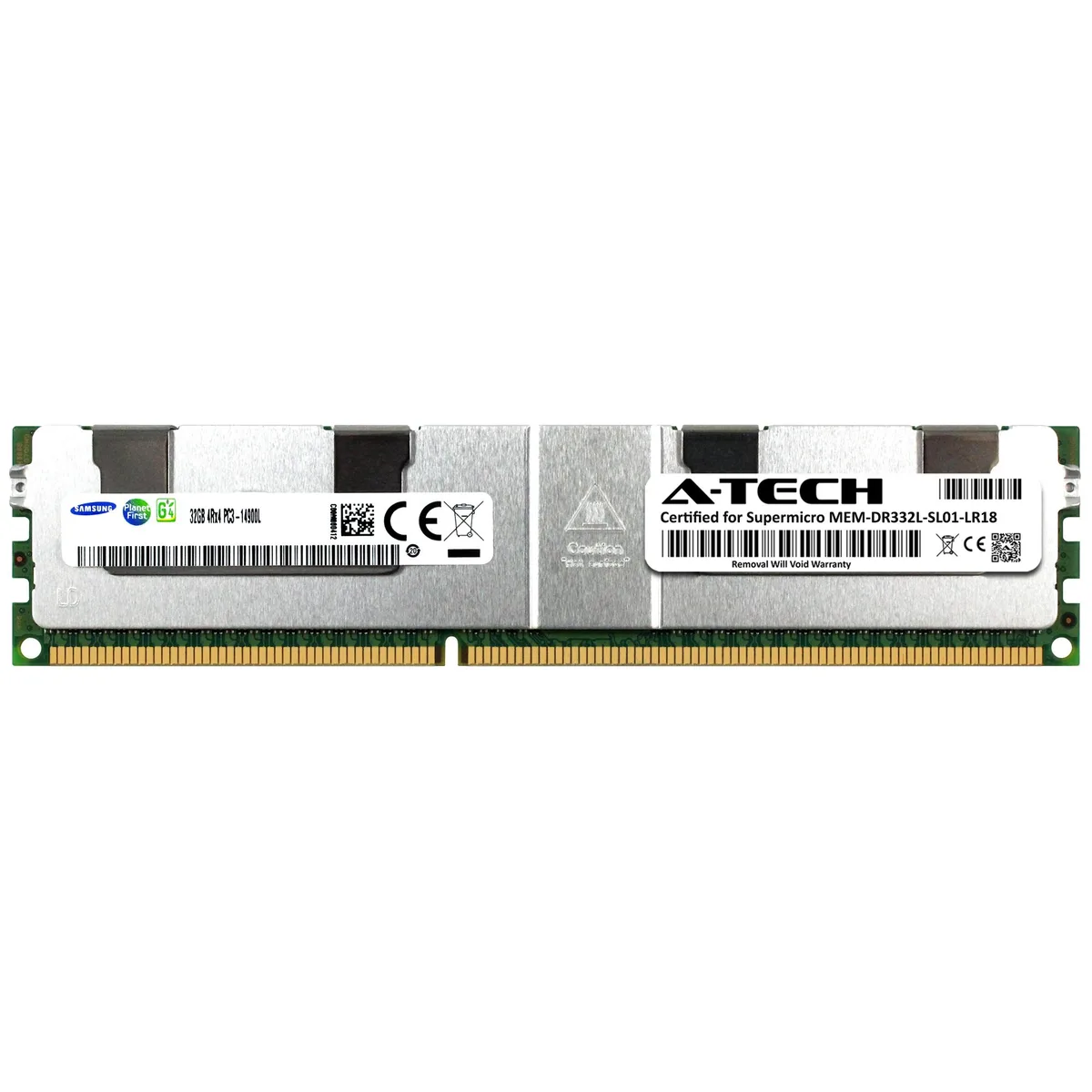 Green 240-pin LRDIMM module with black memory chips and silver heat spreader