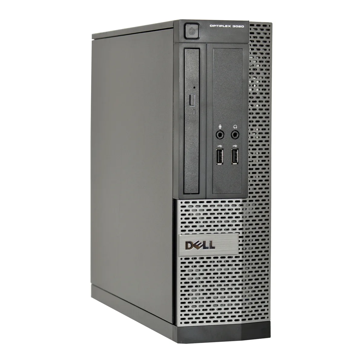 Small black and silver desktop tower with DVD drive slot
