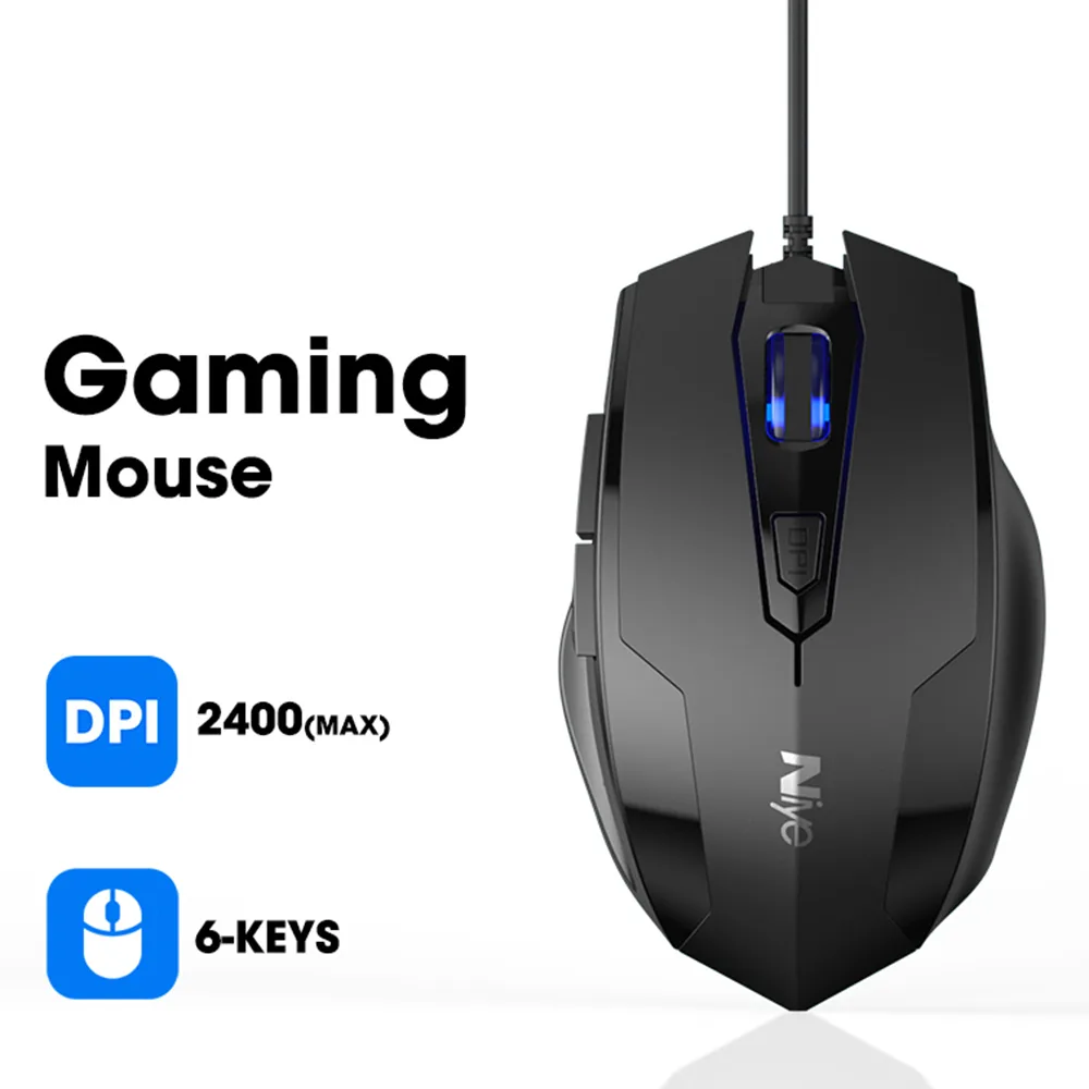 Black wired optical gaming mouse with six buttons and textured matte finish