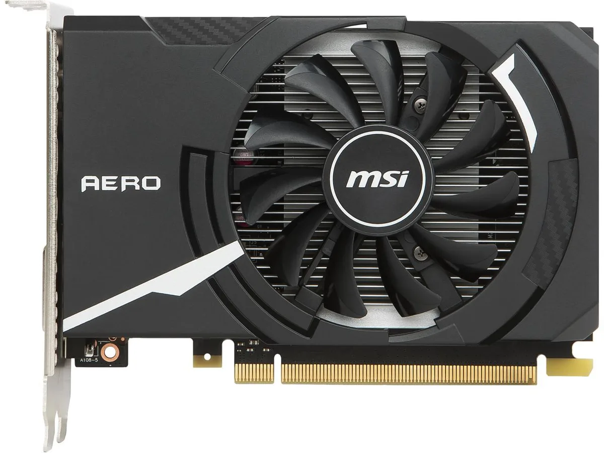 Compact black graphics card with single fan and low-profile bracket