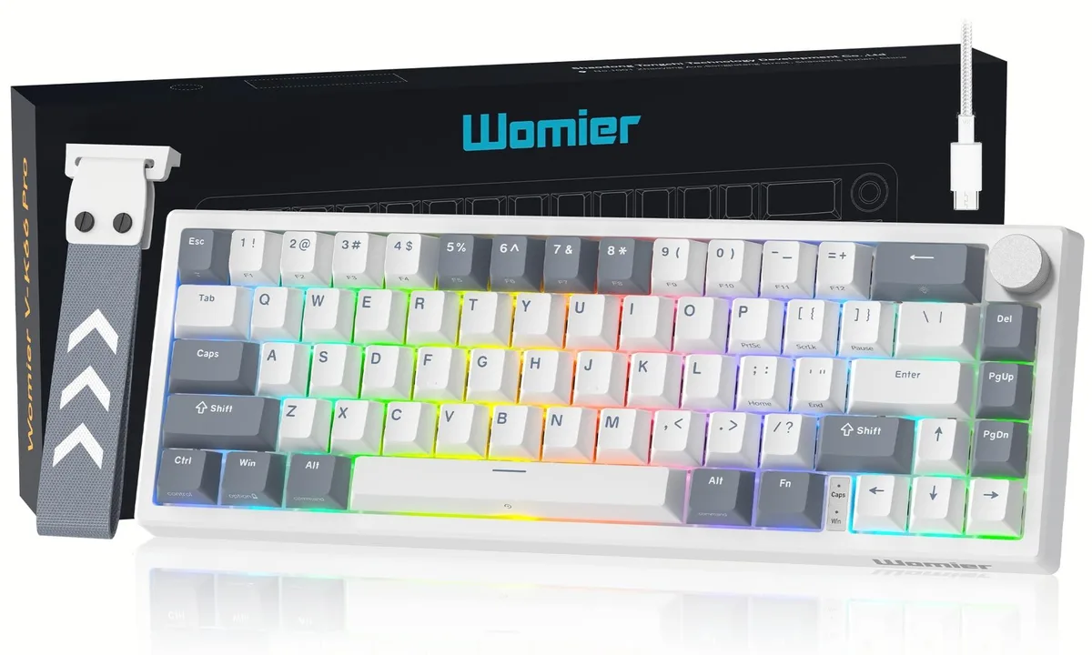 Compact white 60% mechanical keyboard with translucent keycaps and metal knob