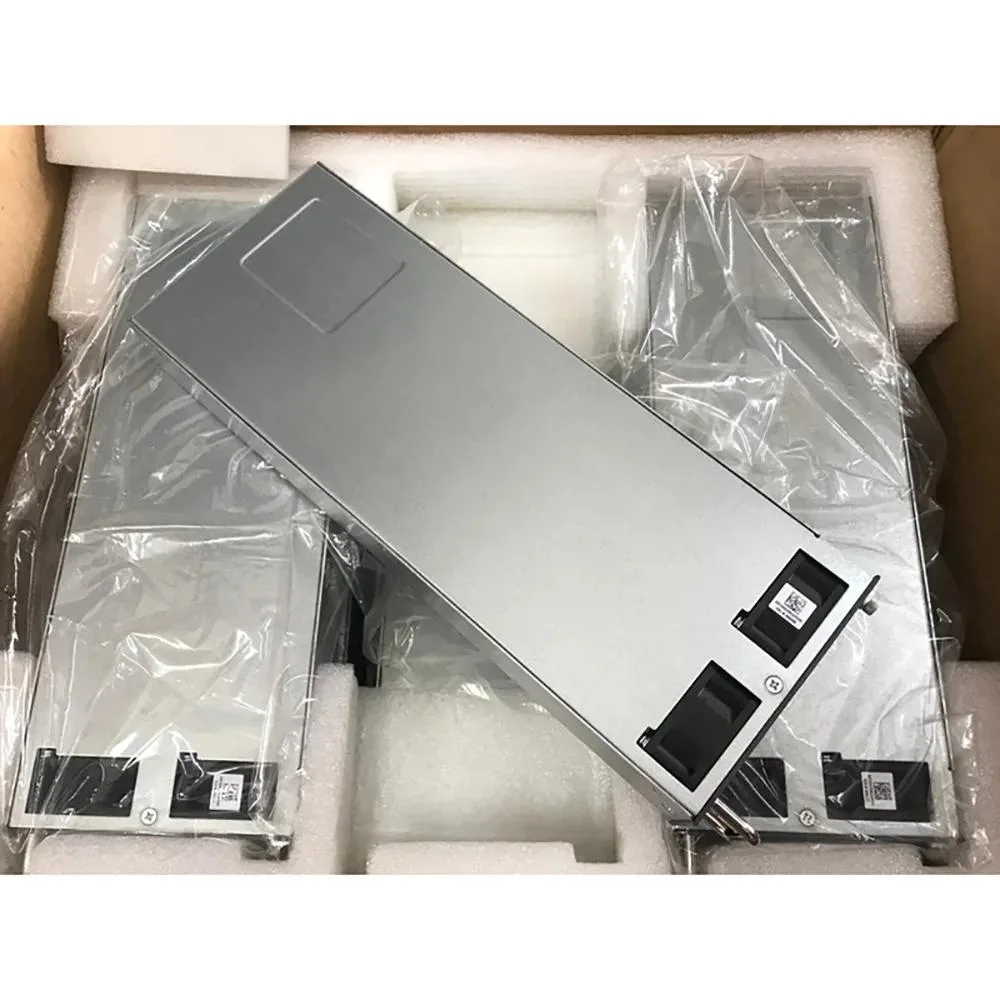 Rectangular metal power supply module with front panel connectors and ventilation slots