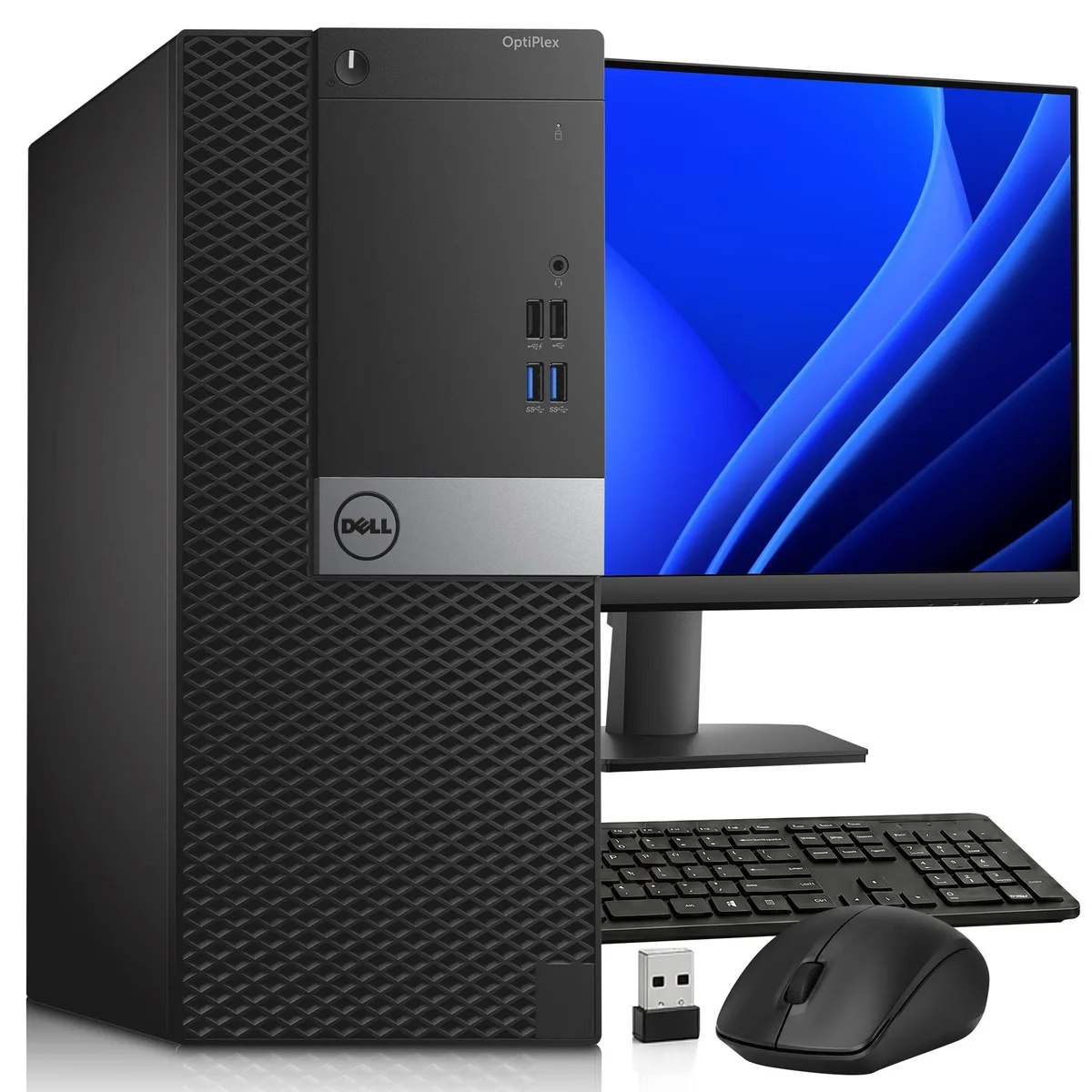 Black Dell OptiPlex 3040 tower PC with 24 inch monitor, wireless keyboard and mouse